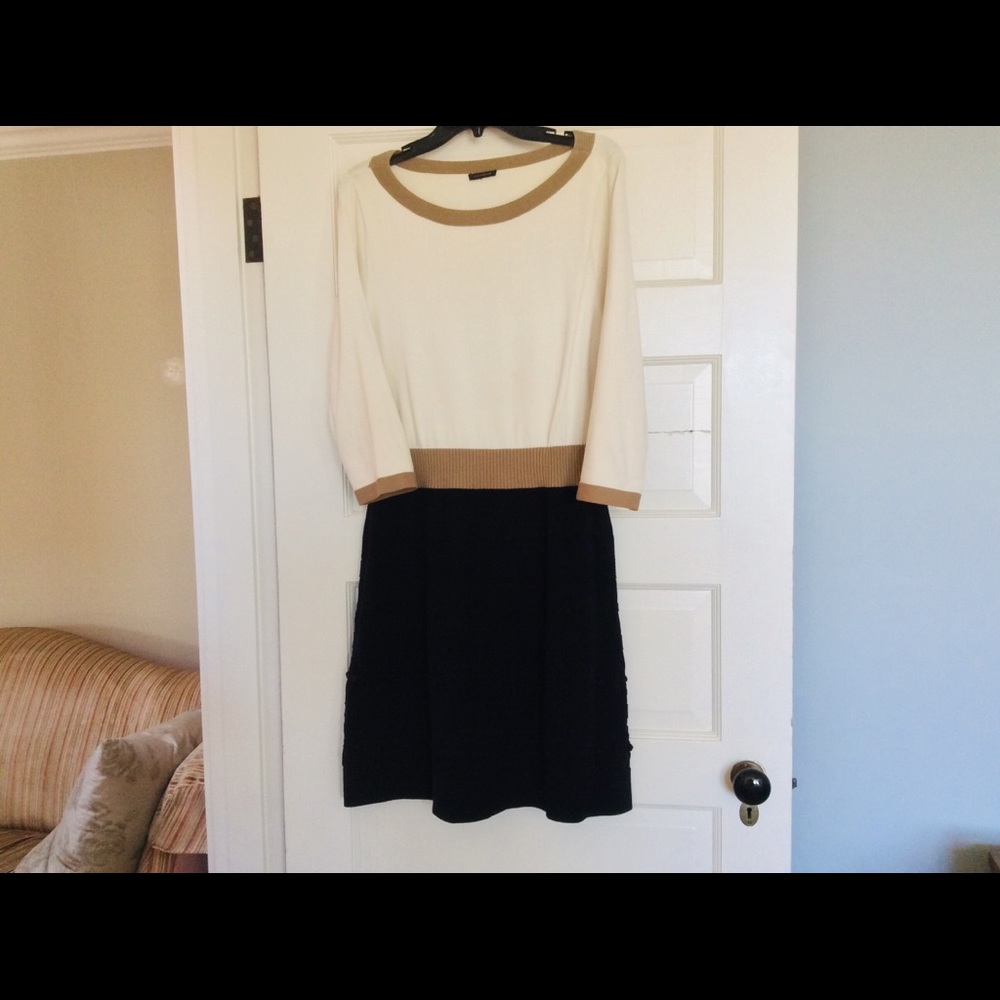 Ann Taylor knitted cotton dress black cream tan Med nice knit detail on hem